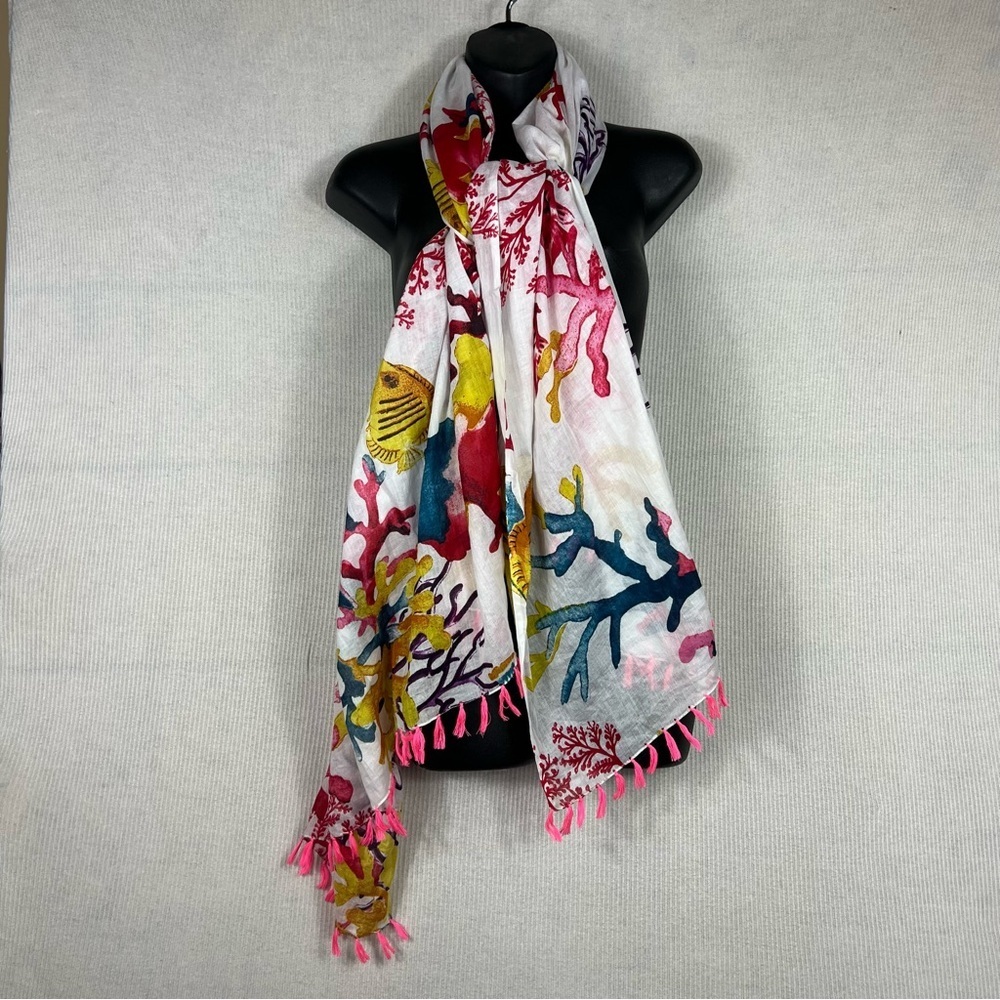 Cotton Scarf Wrap Coral Reef Pattern Tassels 43”x 72”